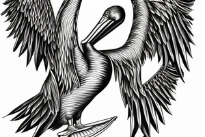 Long many pelican with open wings flying tattoo idea