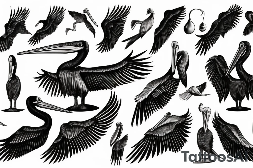 Long simple pelican with open wings tattoo idea