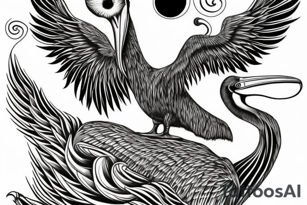 Long pelican with open wings with long strings tattoo idea
