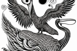 Long pelican with open wings with long strings tattoo idea