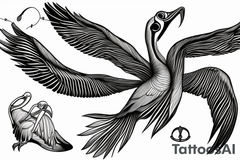 Long pelican with open wings with long strings tattoo idea