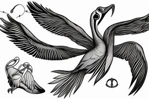Long pelican with open wings with long strings tattoo idea