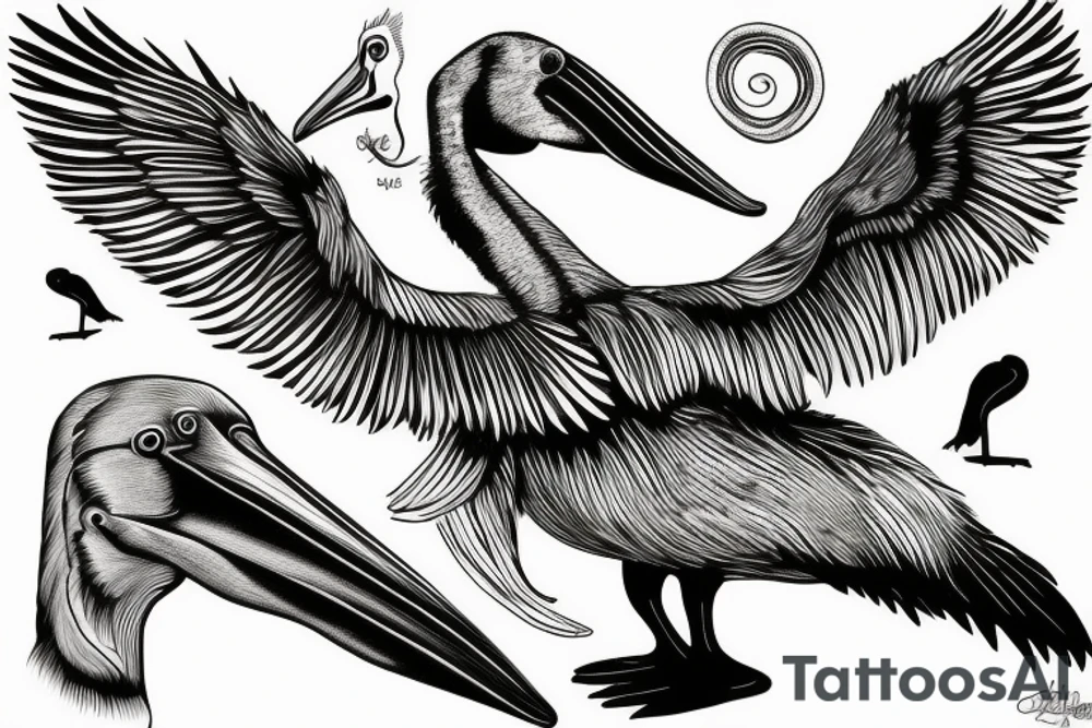 Long pelican with open wings big tattoo idea