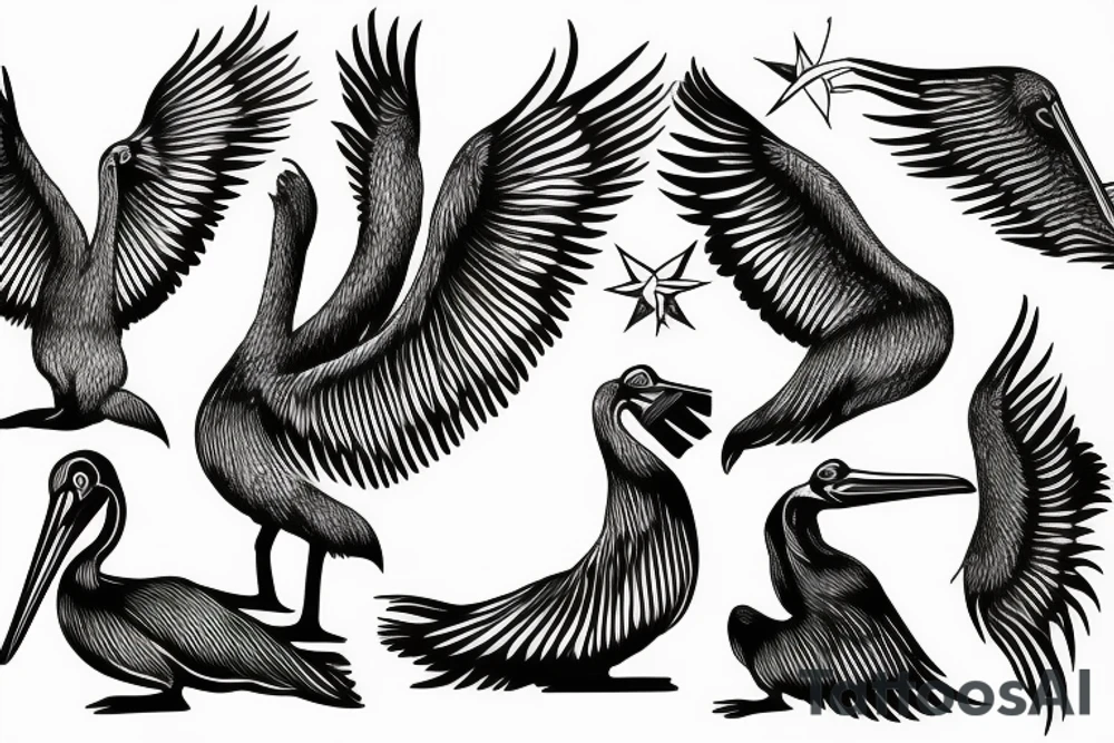 Long pelican with open wings tattoo idea