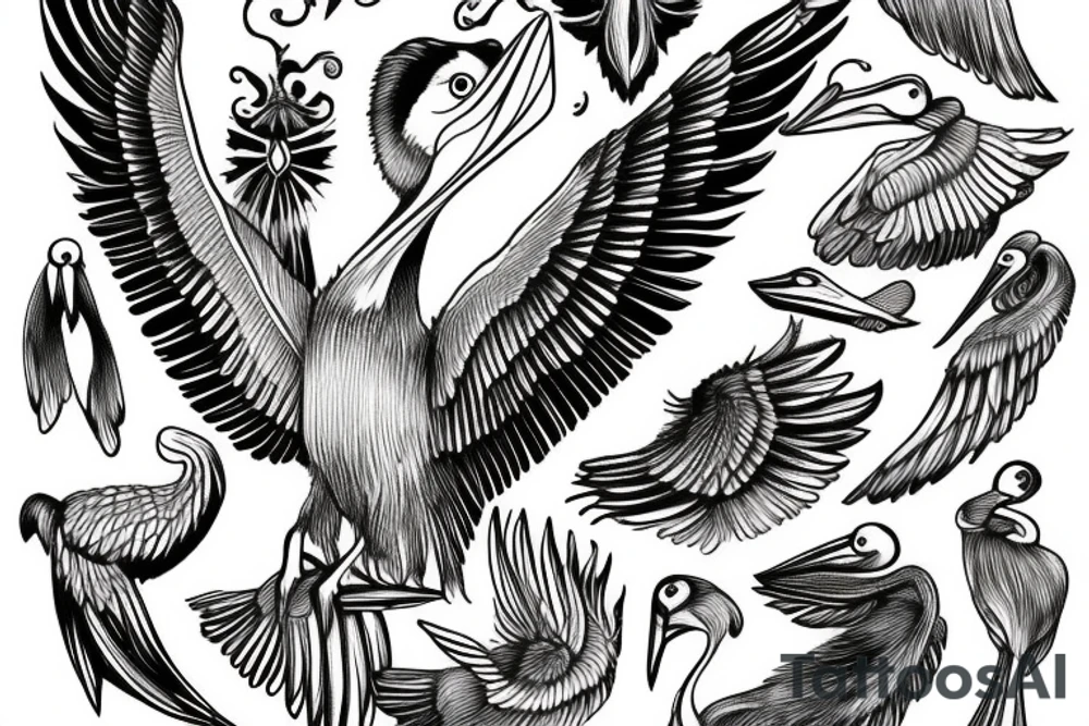 Long pelican with open wings tattoo idea