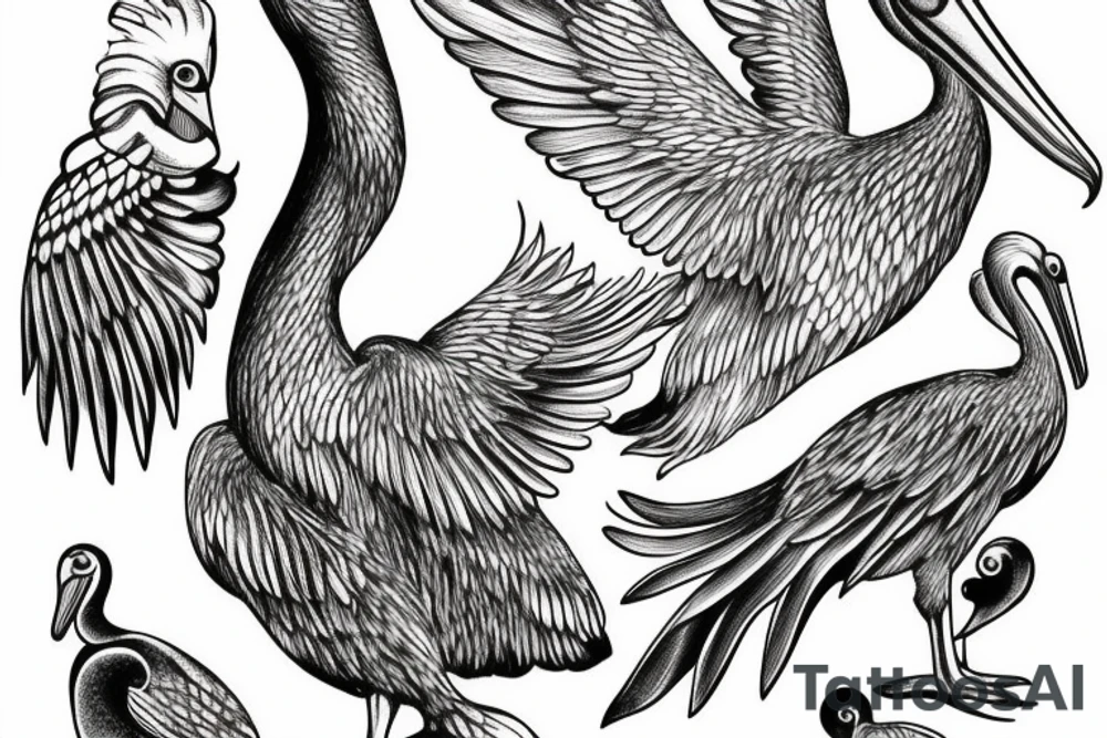Long pelican with open wings tattoo idea