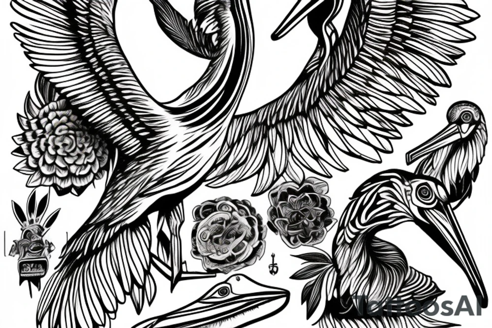 Long and big pelican with open wings tattoo idea
