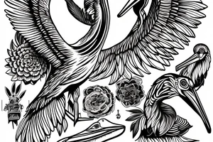 Long and big pelican with open wings tattoo idea