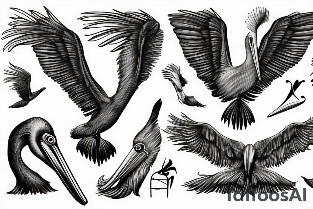 Long and big pelican with open wings tattoo idea