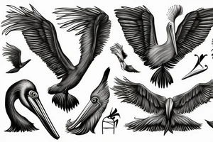Long and big pelican with open wings tattoo idea