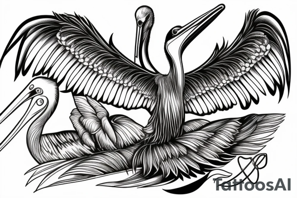 Long and big pelican with open wings tattoo idea