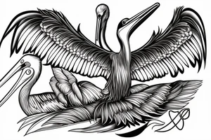 Long and big pelican with open wings tattoo idea