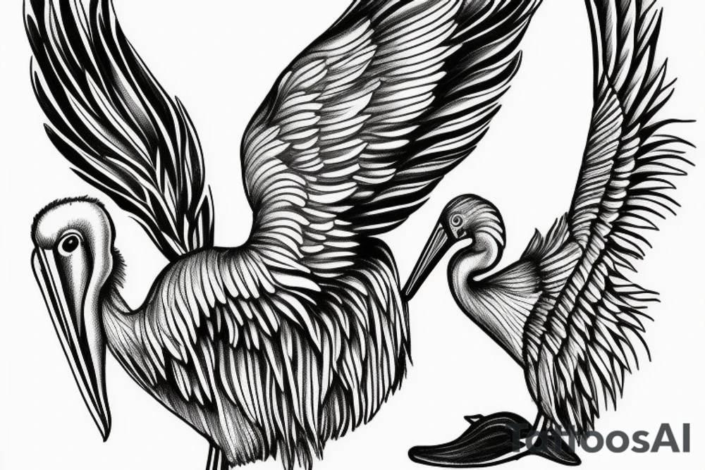 Long and big pelican with open wings tattoo idea