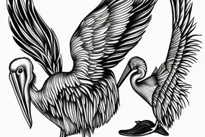 Long and big pelican with open wings tattoo idea