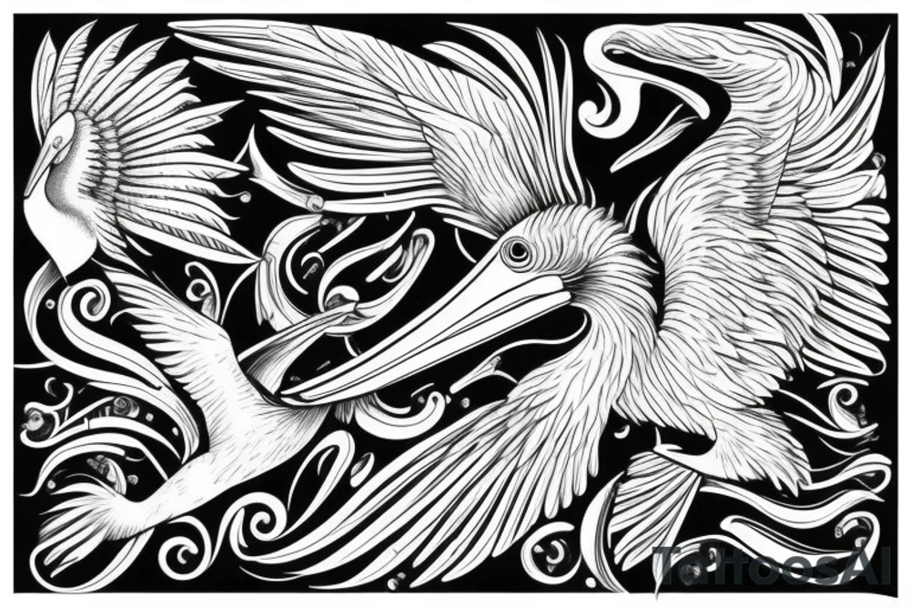 Long and big pelican with open wings tattoo idea