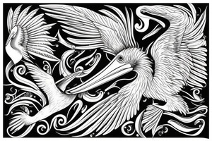 Long and big pelican with open wings tattoo idea