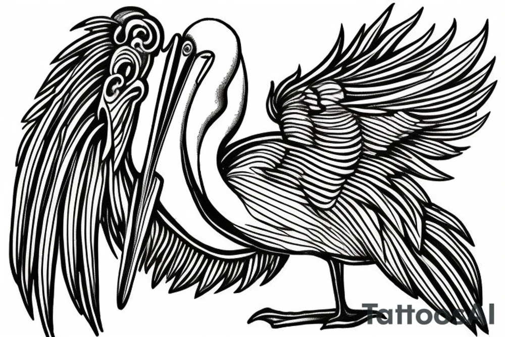 Long and big pelican with open wings tattoo idea