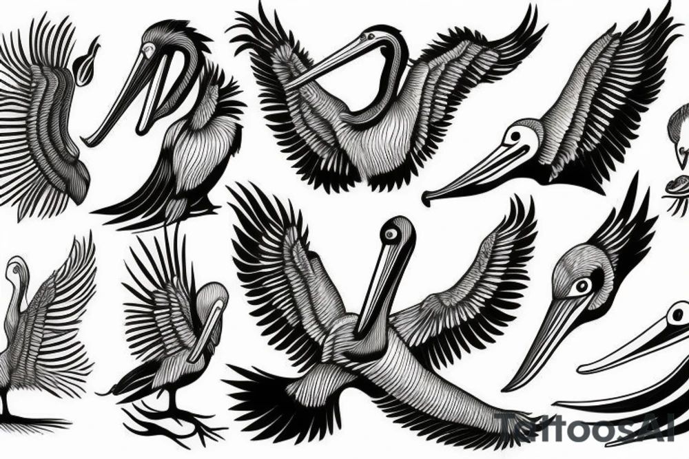 Long and big pelican with open wings tattoo idea