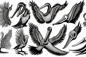Long and big pelican with open wings tattoo idea