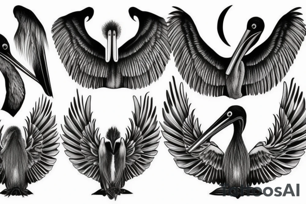 Long and big pelican with open wings tattoo idea