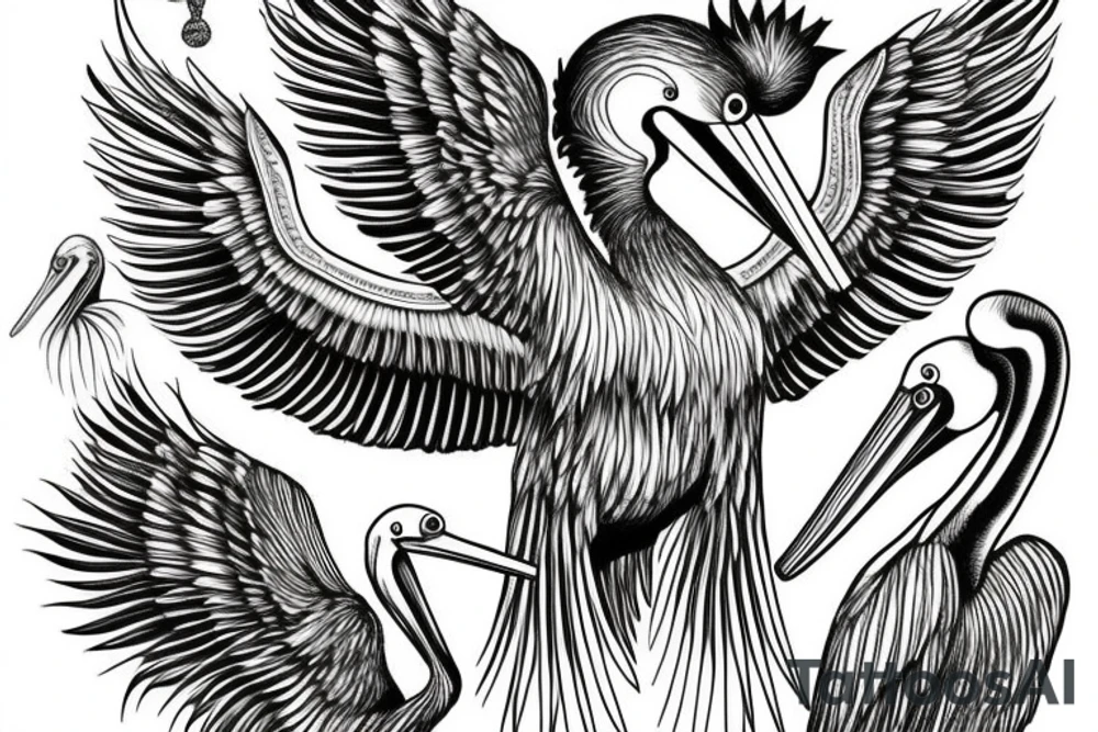Long and big pelican with open wings tattoo idea