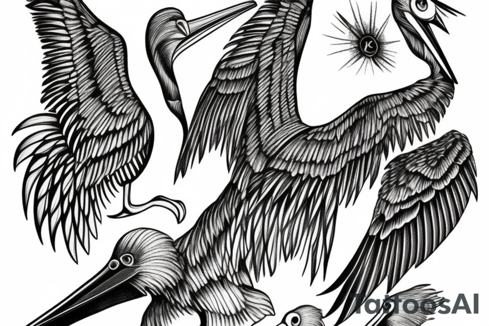 Long and big pelican with open wings tattoo idea