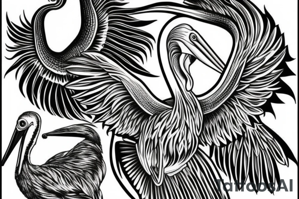 Long and big pelican with open wings tattoo idea