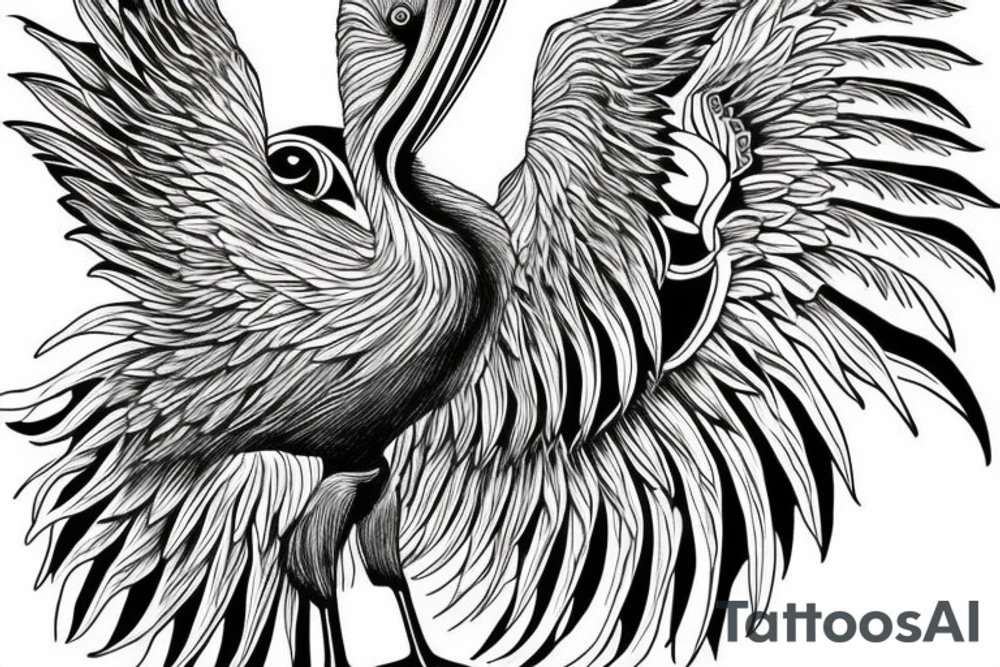 Long and big pelican with open wings tattoo idea