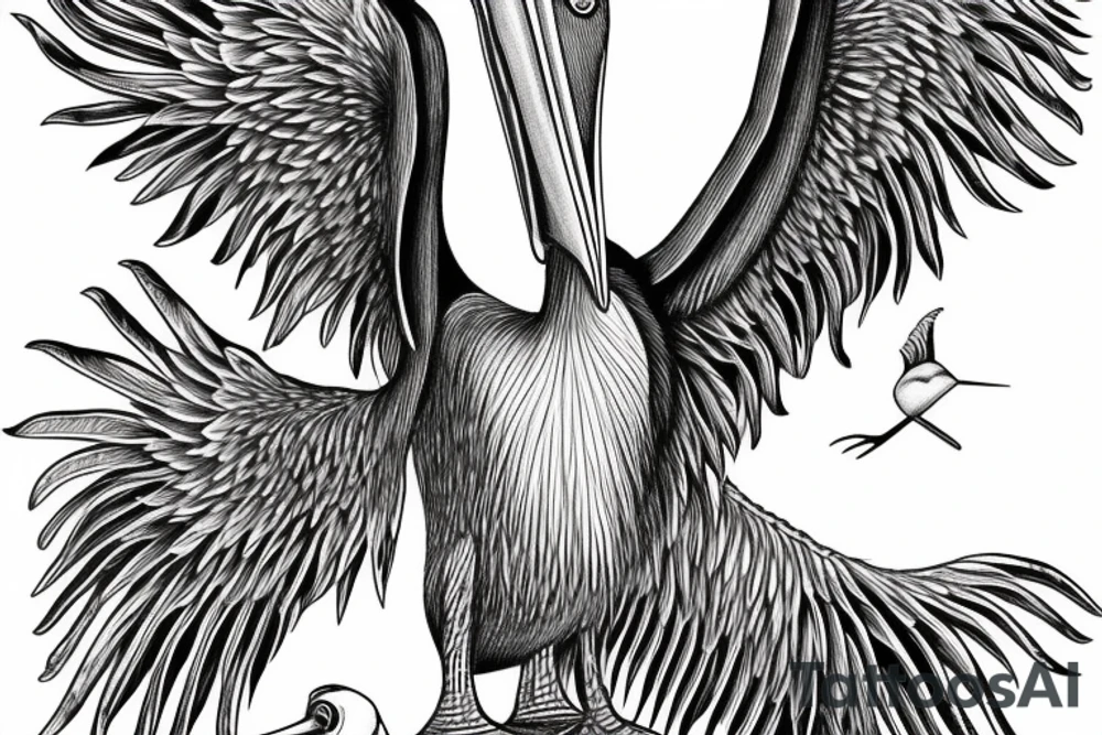 Long and big pelican with open wings tattoo idea