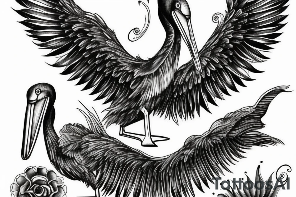 Long and big pelican with open wings tattoo idea