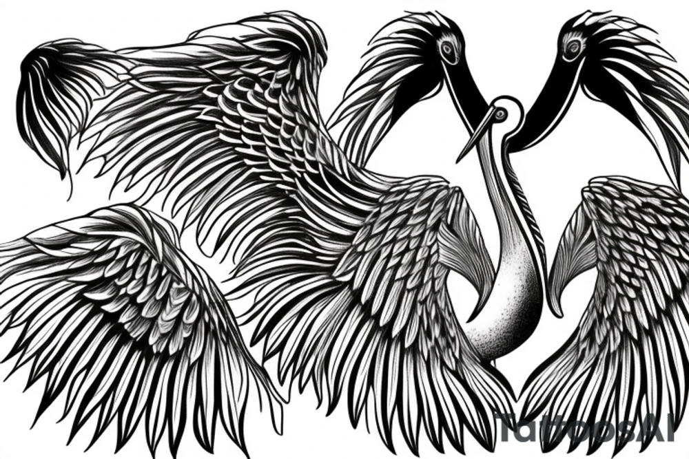 Long and big pelican with open wings tattoo idea