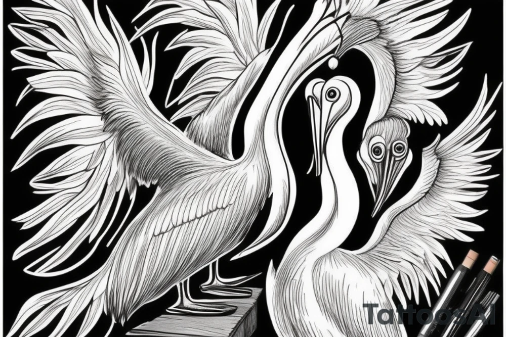 Long and big pelican with open wings tattoo idea
