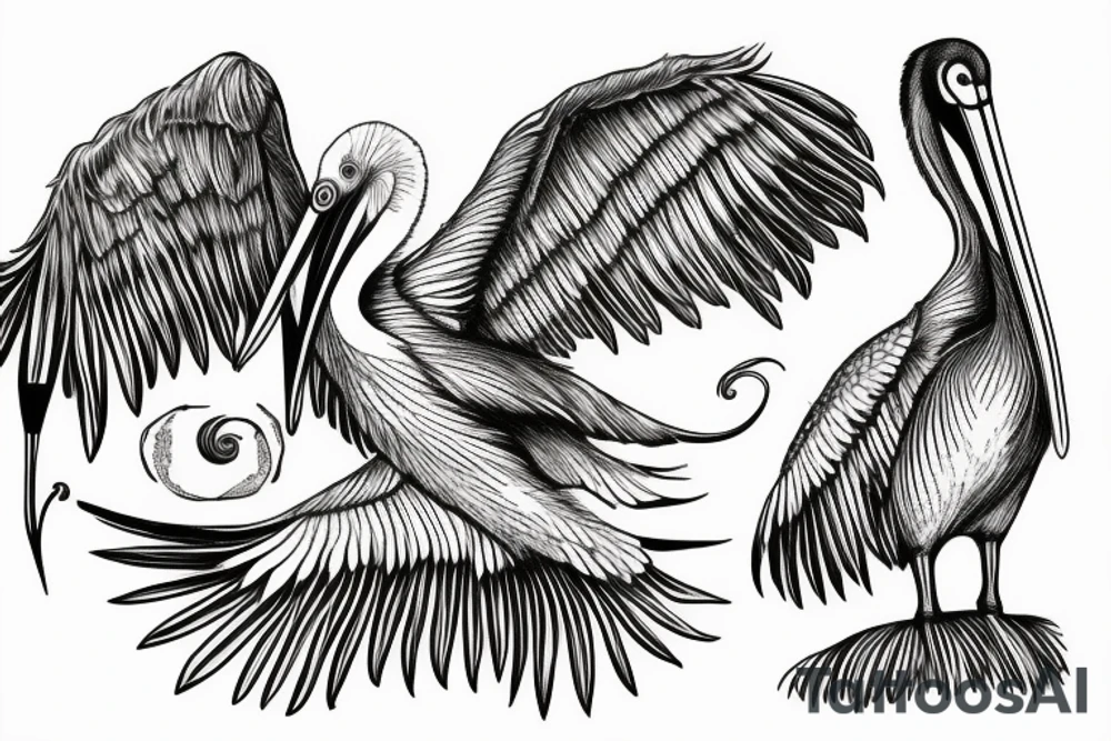 Long and big pelican with open wings tattoo idea
