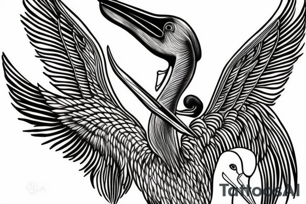 Long and big pelican with open wings tattoo idea