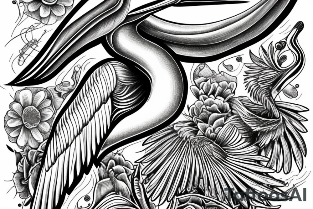 Long and big detailed pelican with open wings tattoo idea