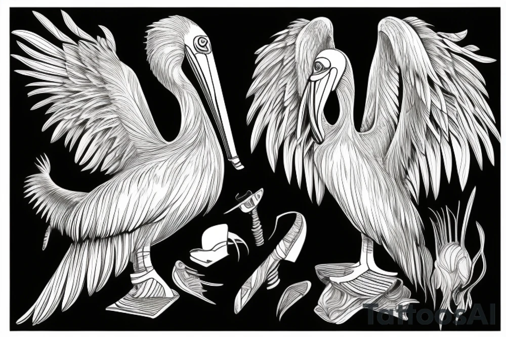 Long and big detailed pelican with open wings tattoo idea
