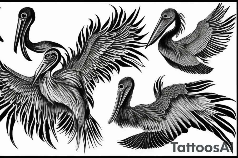 Long and big detailed pelican with open wings tattoo idea
