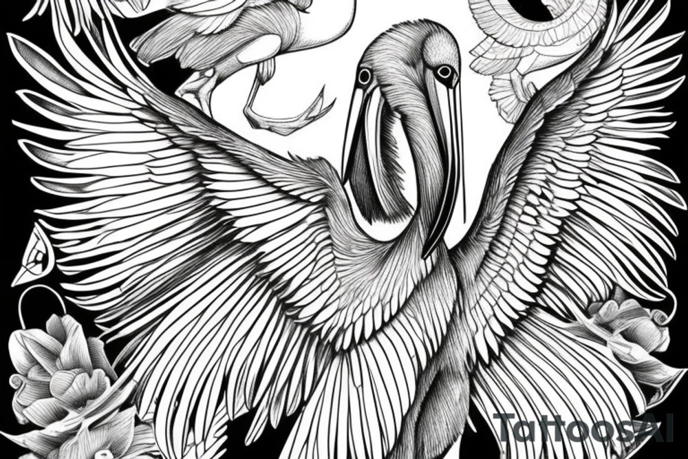 Long and big detailed pelican with open wings tattoo idea