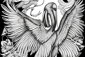 Long and big detailed pelican with open wings tattoo idea
