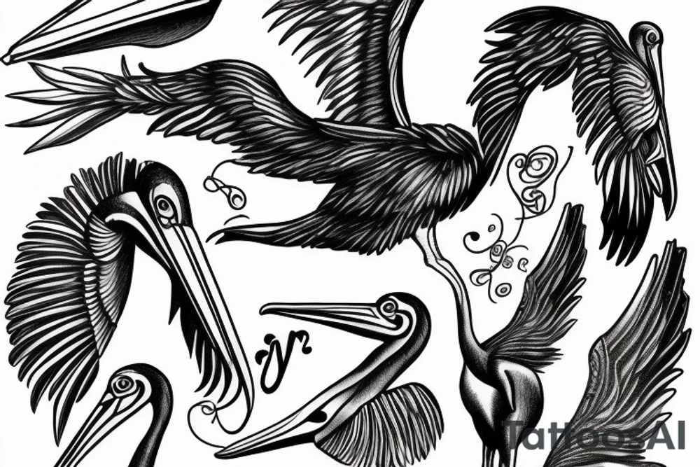 Long and big modern pelican with open wings tattoo idea