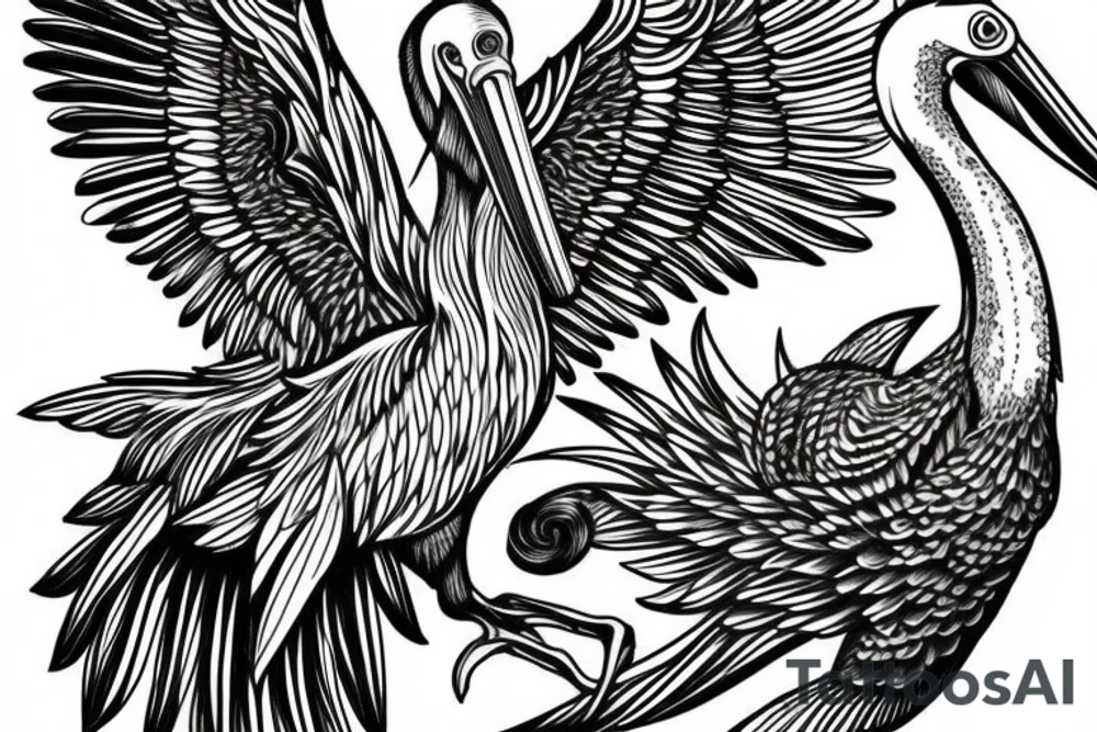 Long and big old pelican with open wings tattoo idea