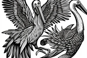 Long and big old pelican with open wings tattoo idea