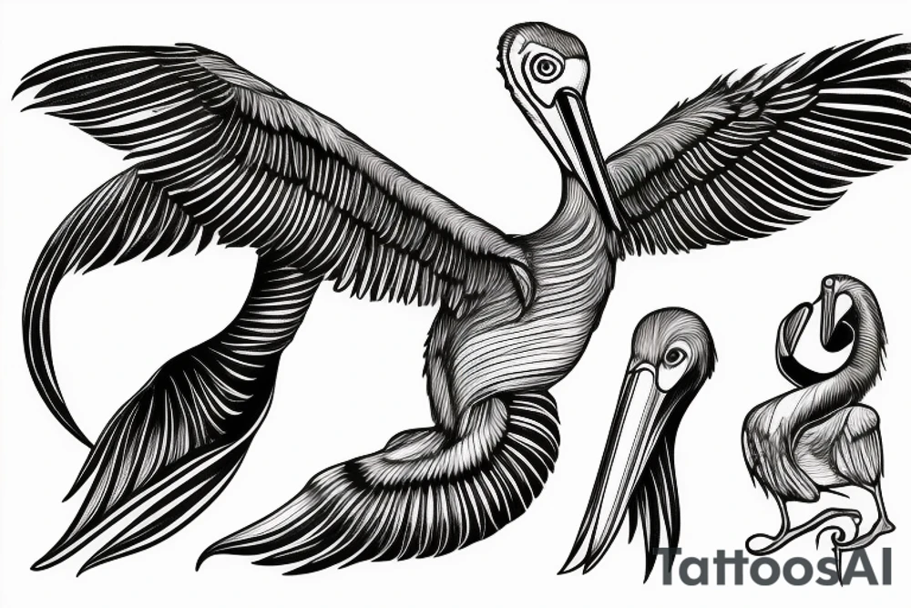 Long and big old pelican with open wings tattoo idea