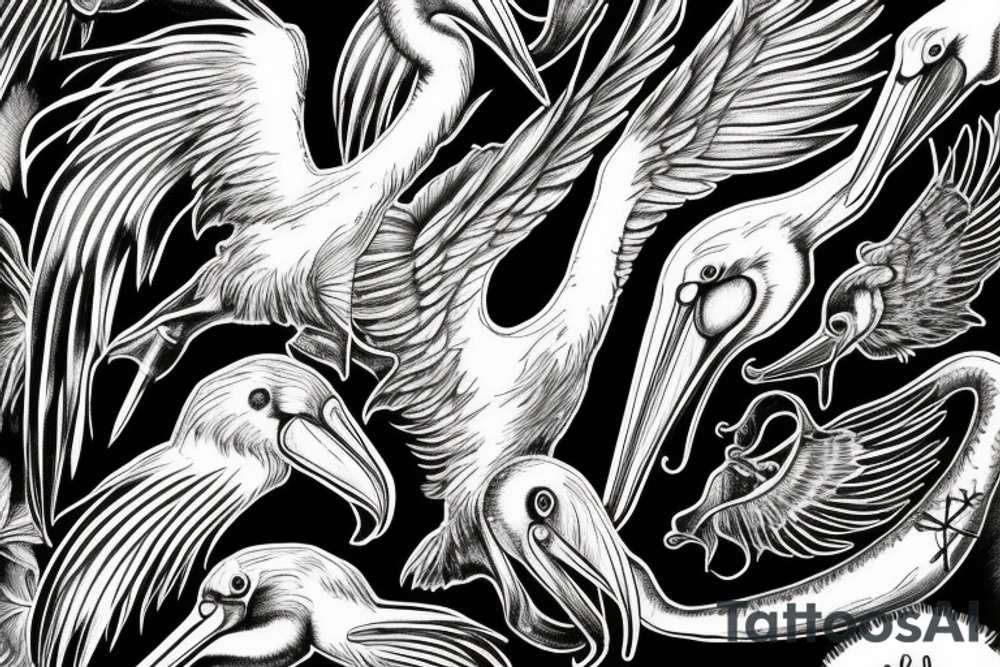 Long and big old pelican with open wings tattoo idea