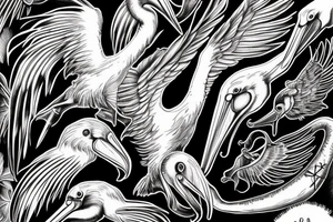 Long and big old pelican with open wings tattoo idea