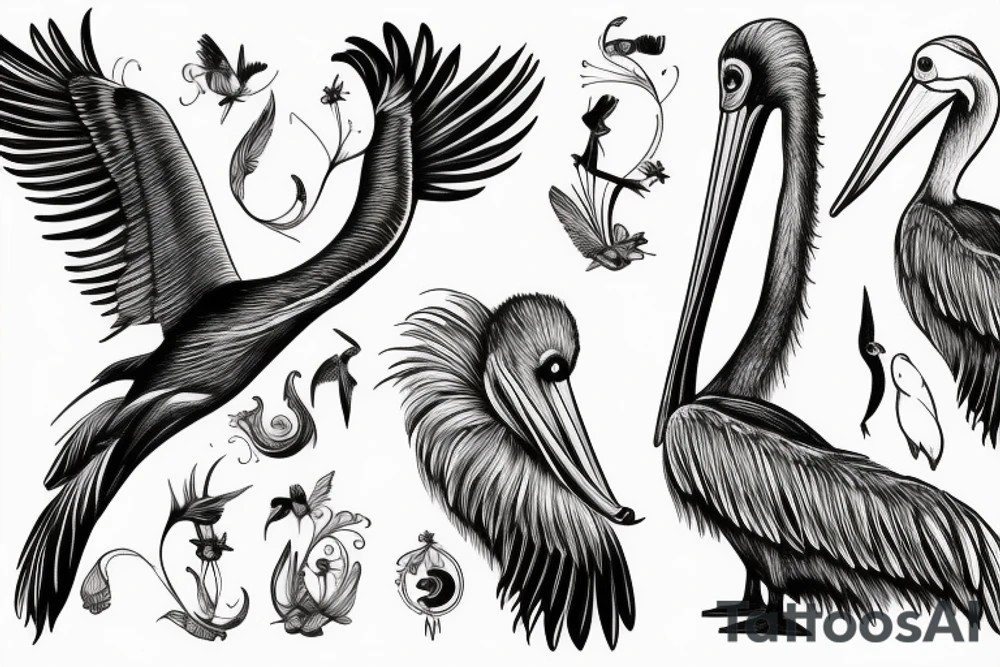 Long and big old pelican with open wings tattoo idea