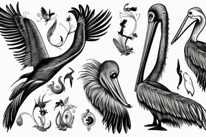 Long and big old pelican with open wings tattoo idea