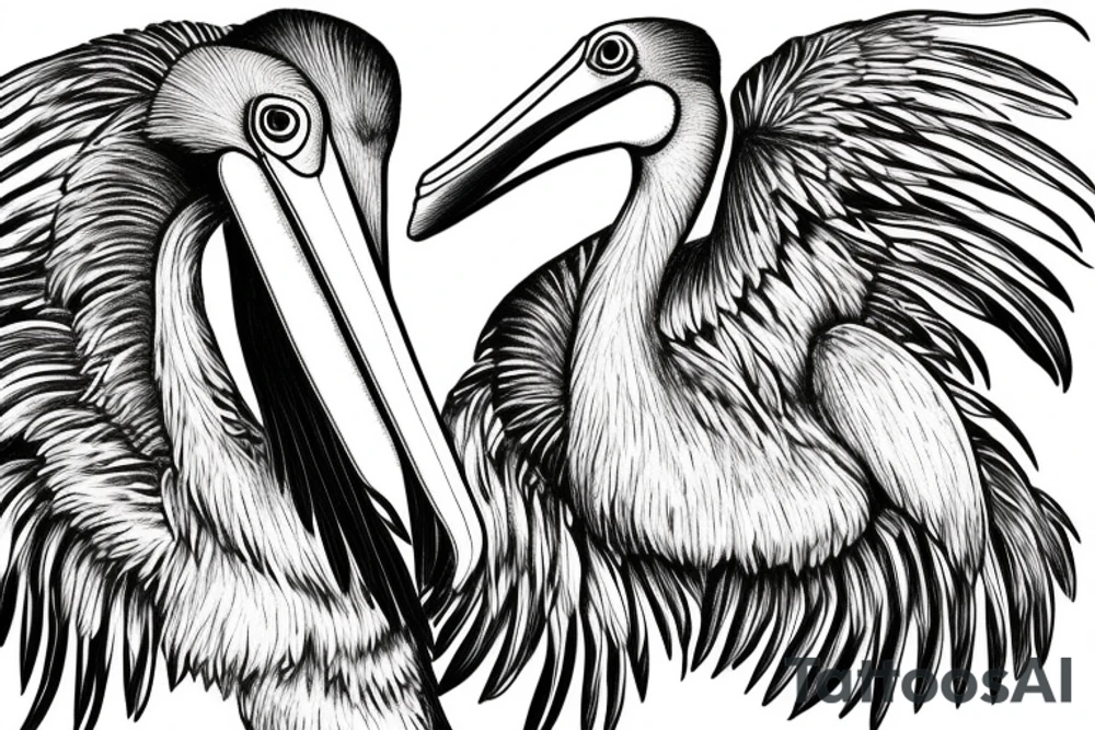 Long and big old pelican with open wings tattoo idea