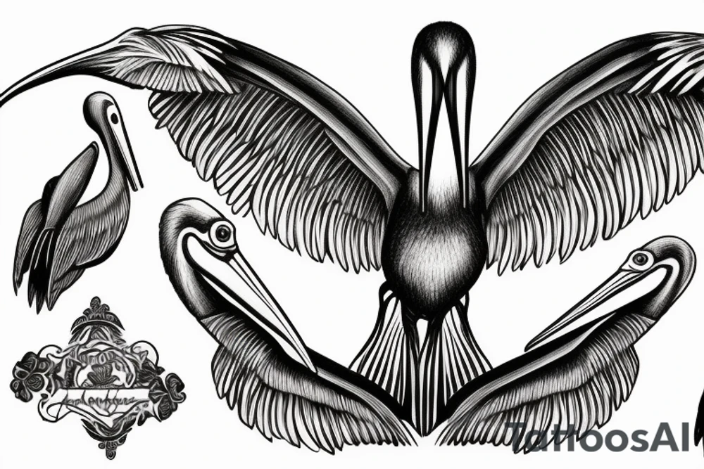 Long and big pelican with open wings tattoo idea
