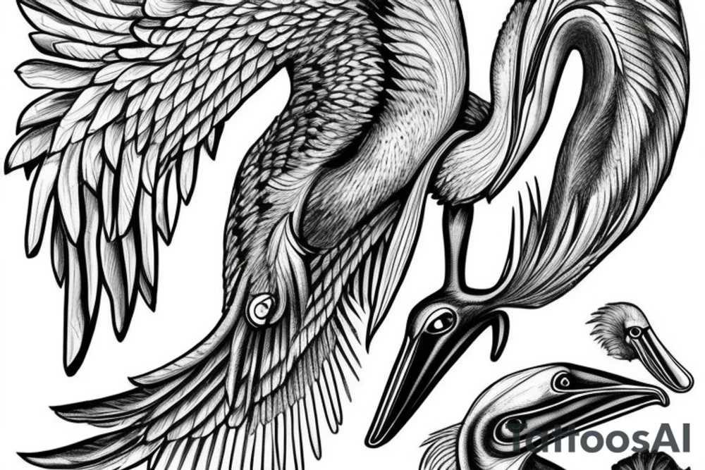 Long and big pelican with open wings tattoo idea